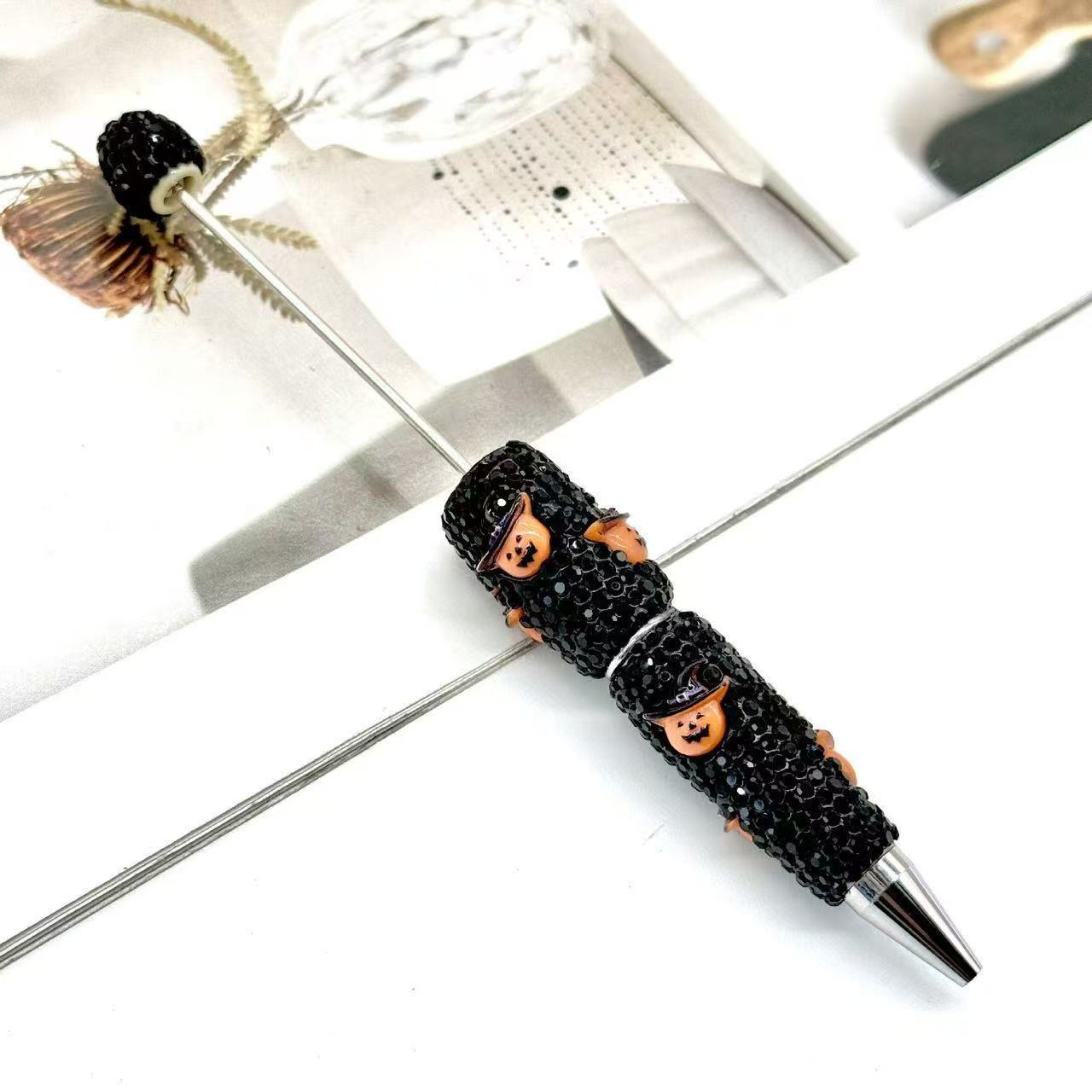 New DIY Halloween Full Rhinestone Beaded Pens, Trending International Market Mini Bead Pens, Evil Pumpkin Design Ballpoint / Gel Pens