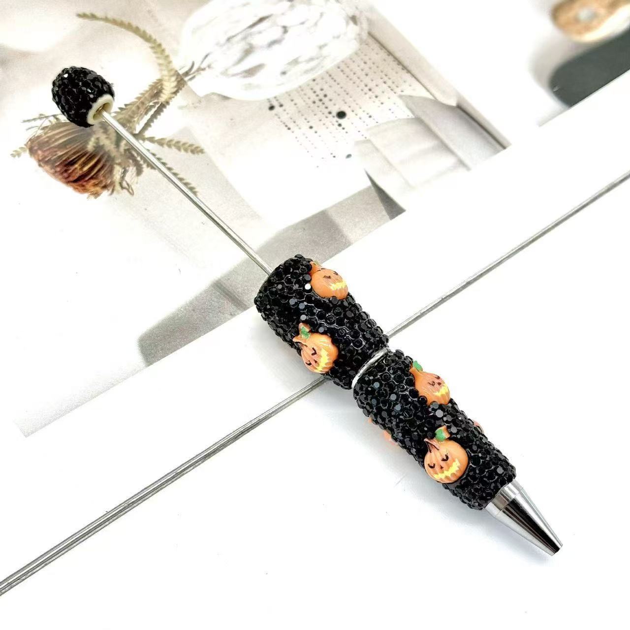 New DIY Halloween Full Rhinestone Beaded Pens, Trending International Market Mini Bead Pens, Evil Pumpkin Design Ballpoint / Gel Pens