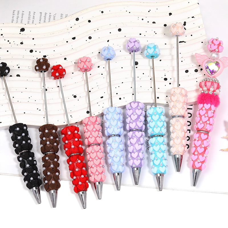 Flocked Heart Clay Beaded Pen