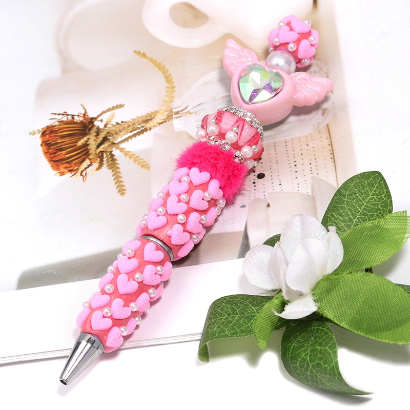Flocked Heart Clay Beaded Pen