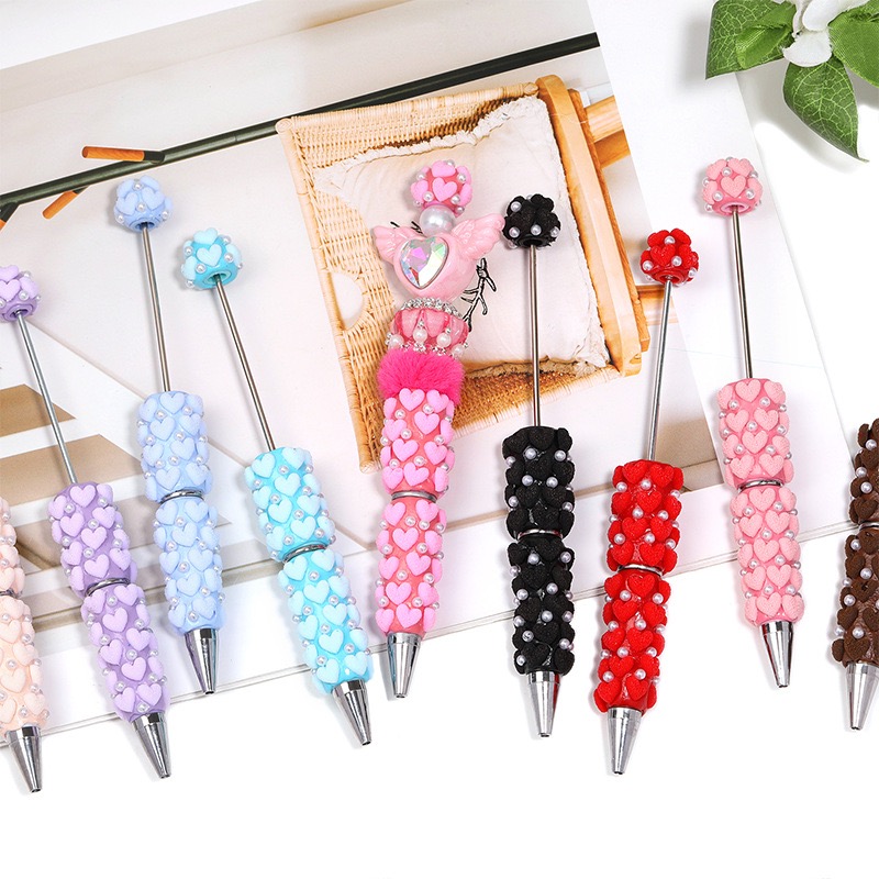 Flocked Heart Clay Beaded Pen