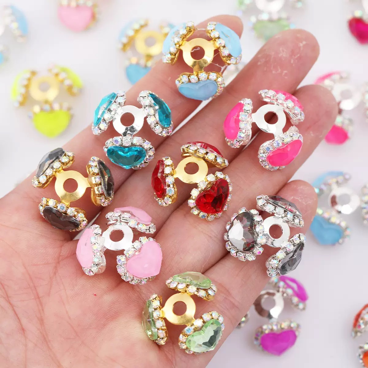  3-Petal Heart Rhinestone Bead Caps