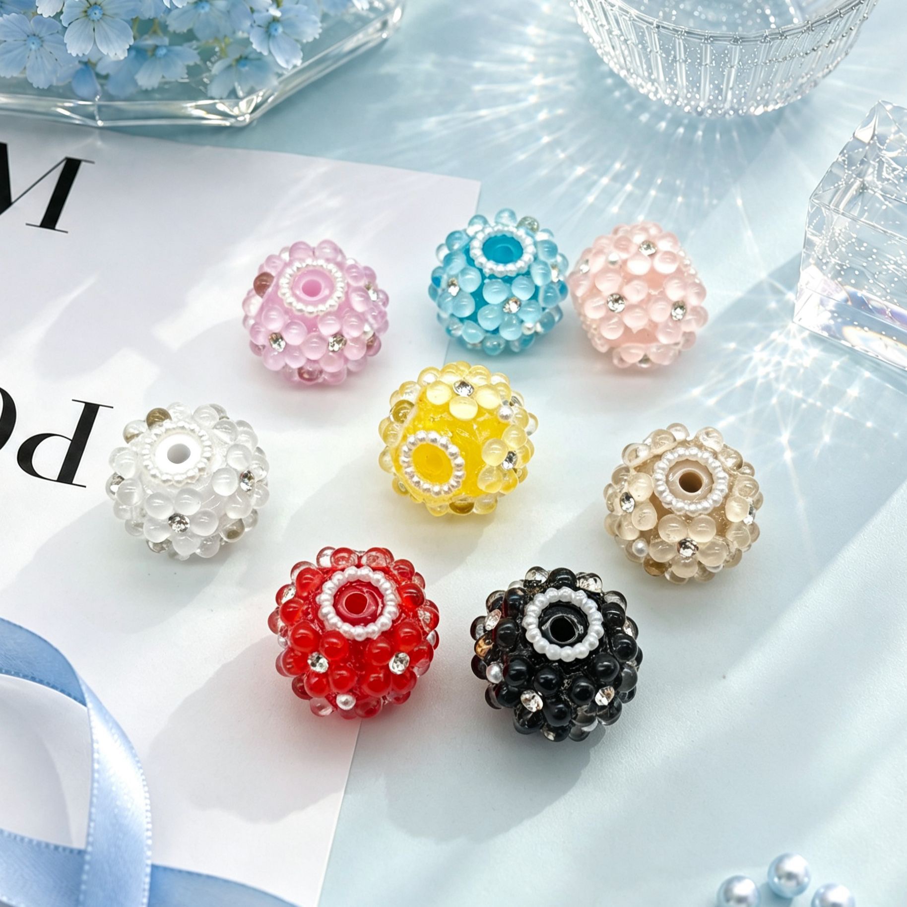 3D Rhinestone Bubble Flower Beads