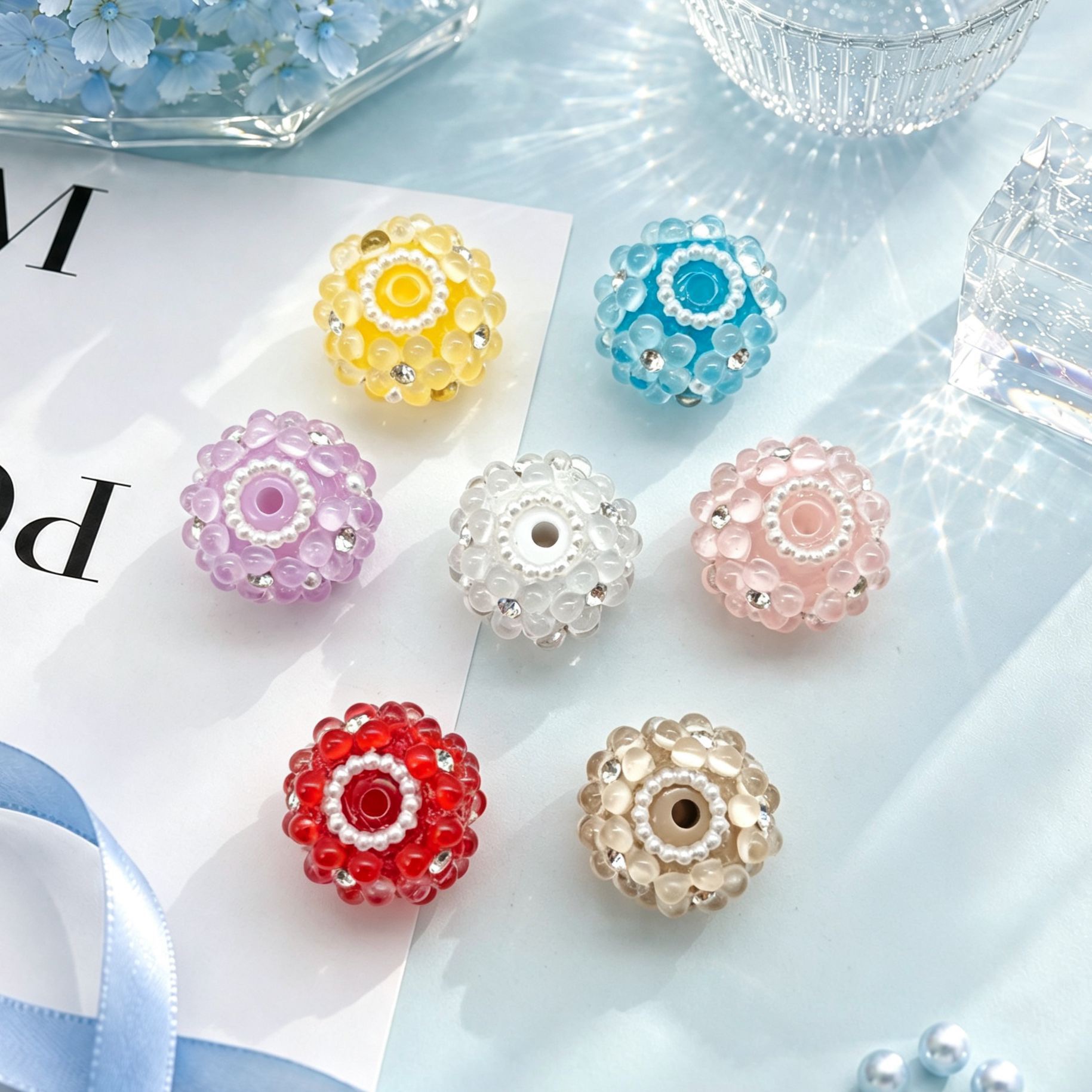 3D Rhinestone Bubble Flower Beads
