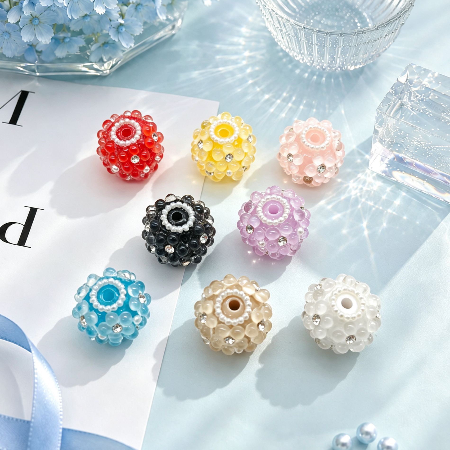 3D Rhinestone Bubble Flower Beads