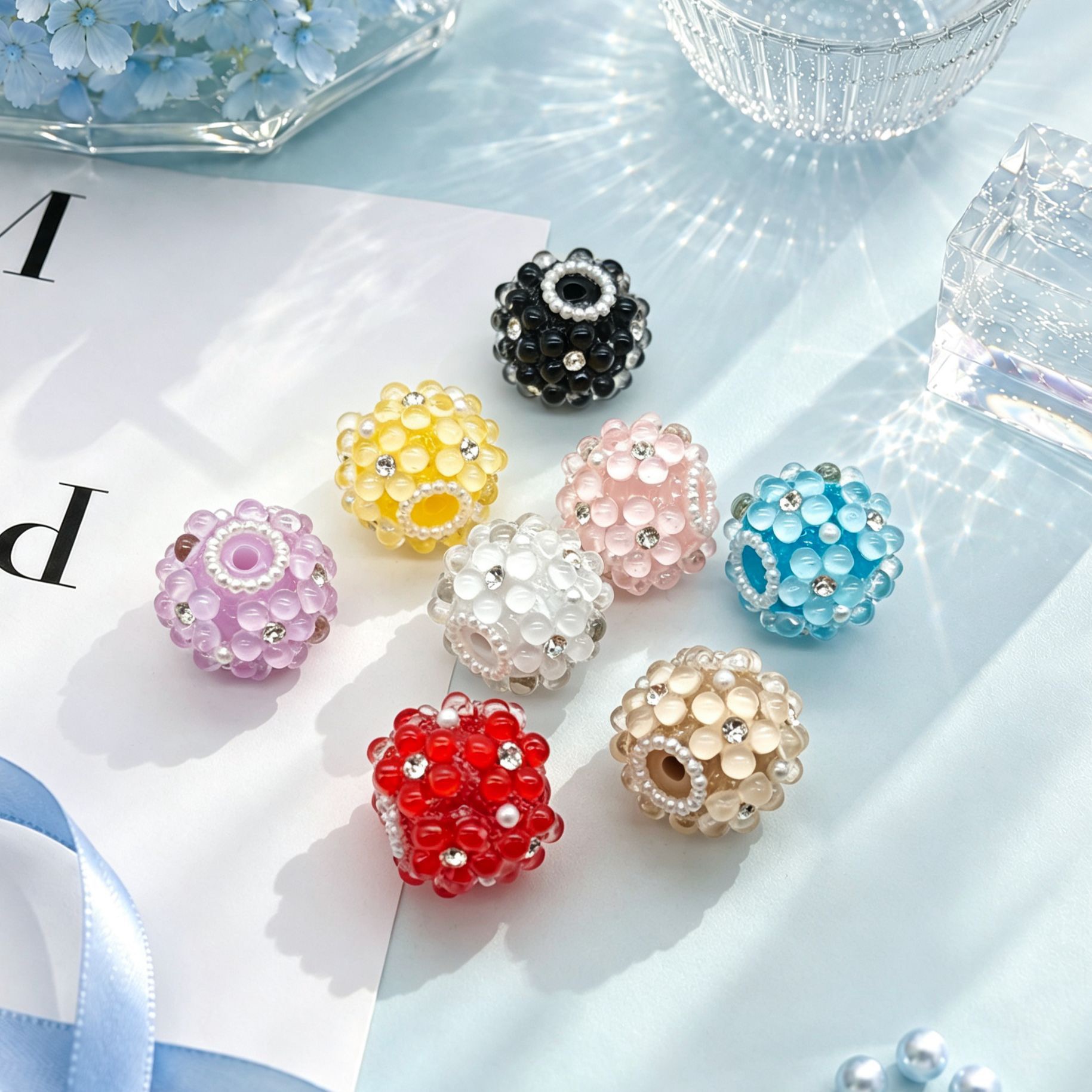 3D Rhinestone Bubble Flower Beads