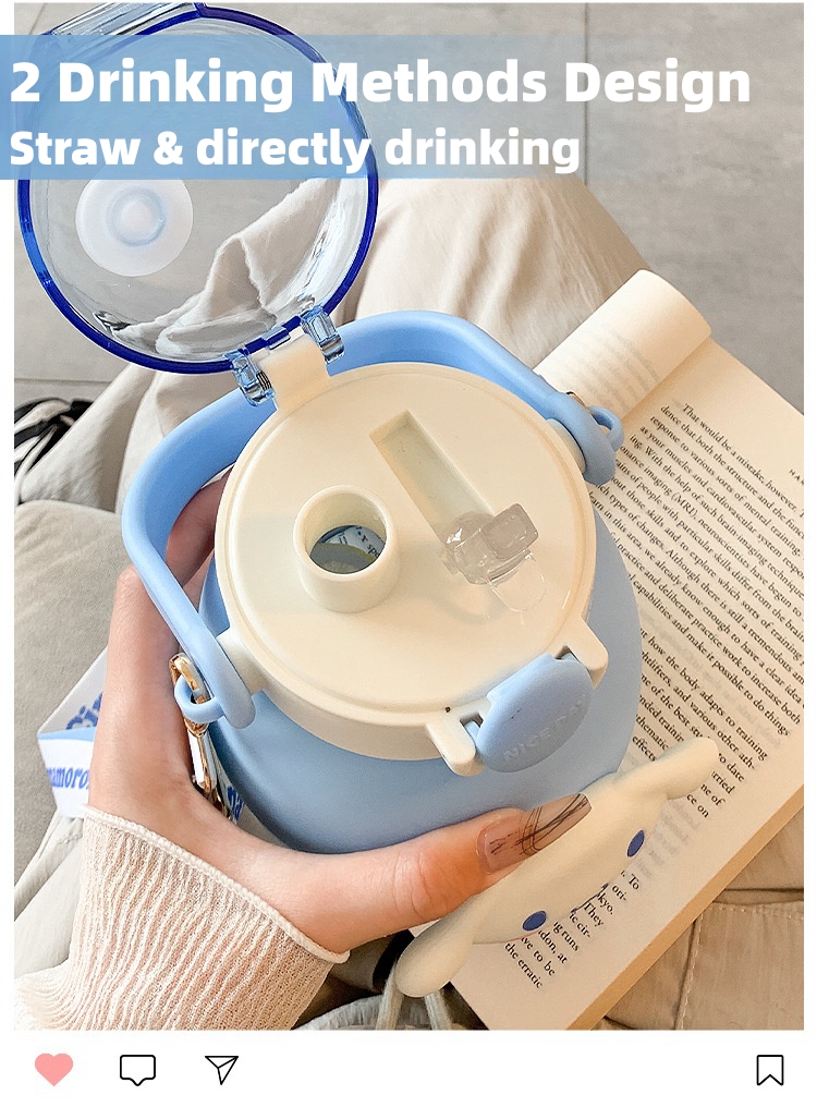 Cartoon Portable Water Bottle, 2 Drinking Ways (Straw & directly drinking Mouth), Leak Proof, BPA Free