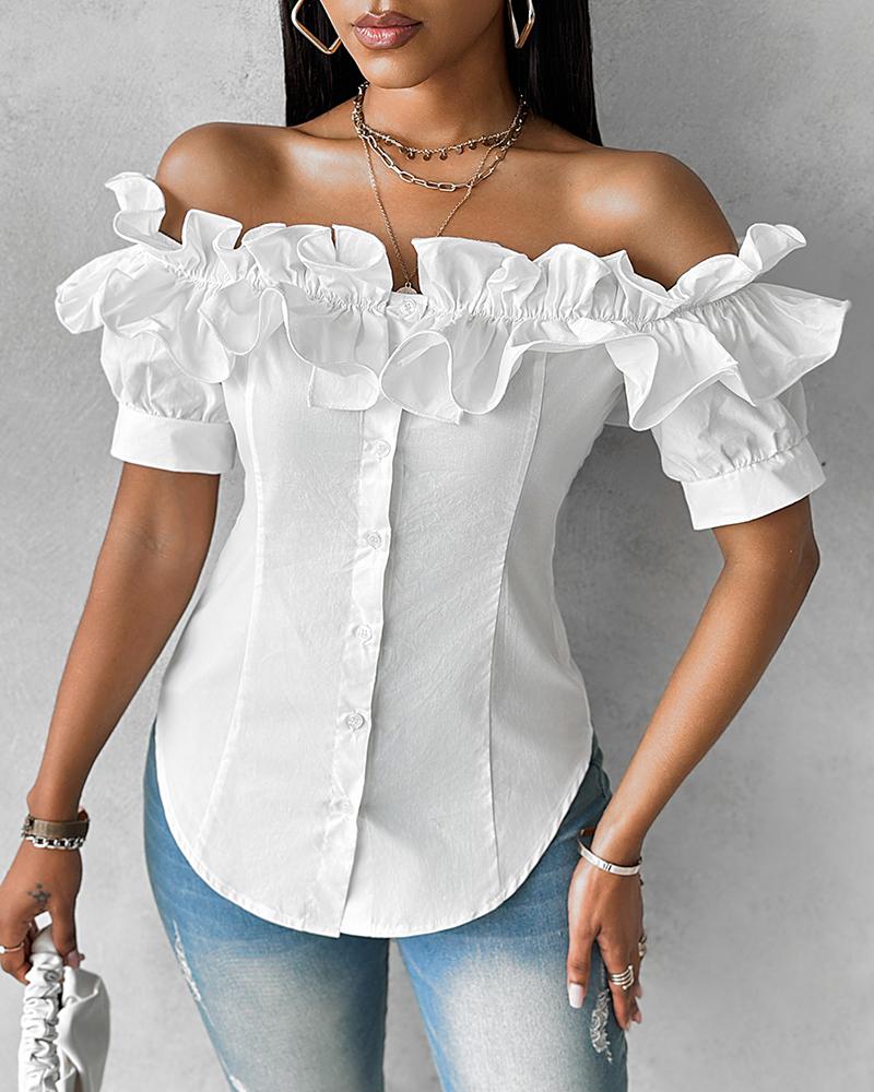 Off Shoulder Layered Ruffles Button-down Asymmetrical Hem Top
