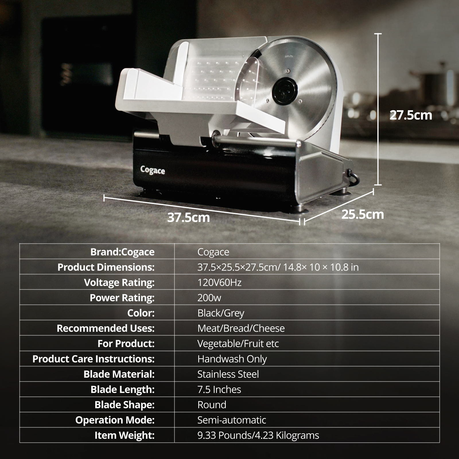 Powerful Deli Meat Slicer, 200W Electric Food Slicer with 3 Types of 7.5" Stainless Steel Blades, Adjustable Thickness 0-15mm, Meat Cheese Bread Vegetable Cutter for Home Use