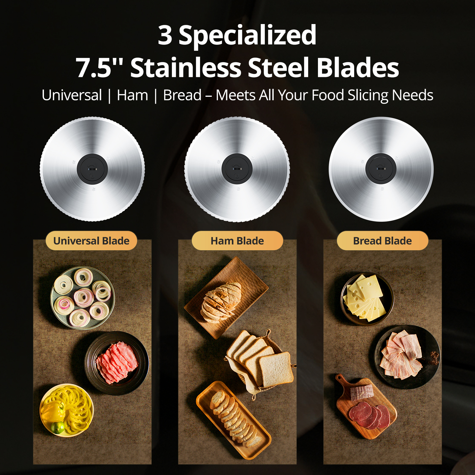 Powerful Deli Meat Slicer, 200W Electric Food Slicer with 3 Types of 7.5" Stainless Steel Blades, Adjustable Thickness 0-15mm, Meat Cheese Bread Vegetable Cutter for Home Use