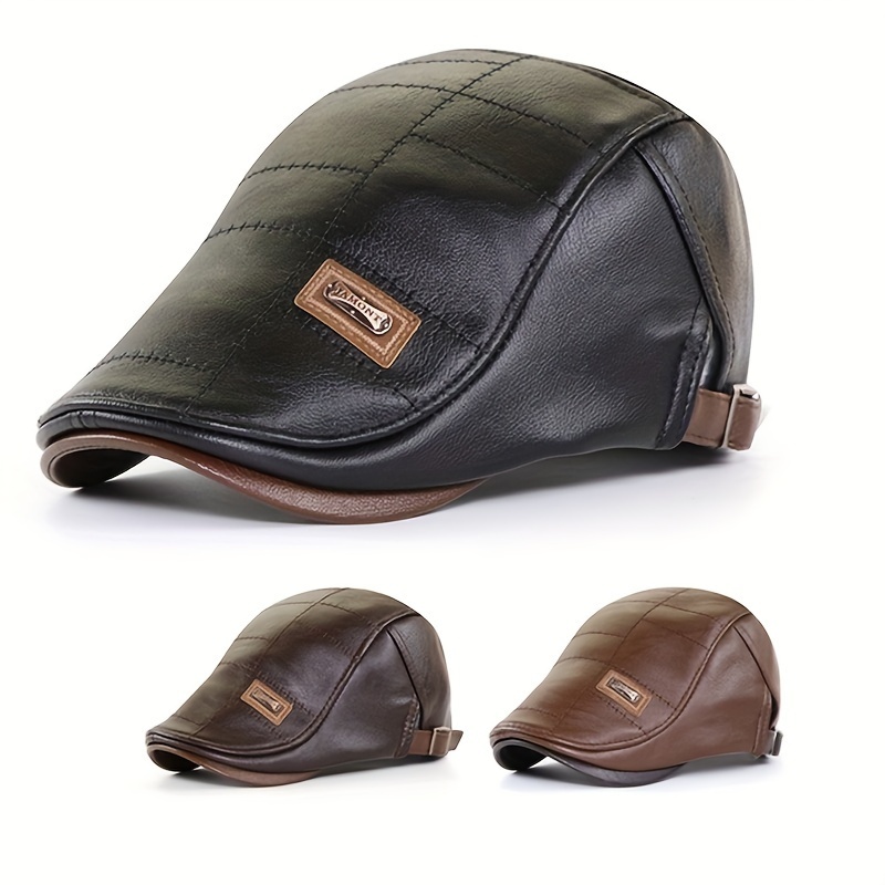 1pc Leather Beret Hat, Retro Newsboy Warm Cap Duckbill Visor Flat Cap For Men