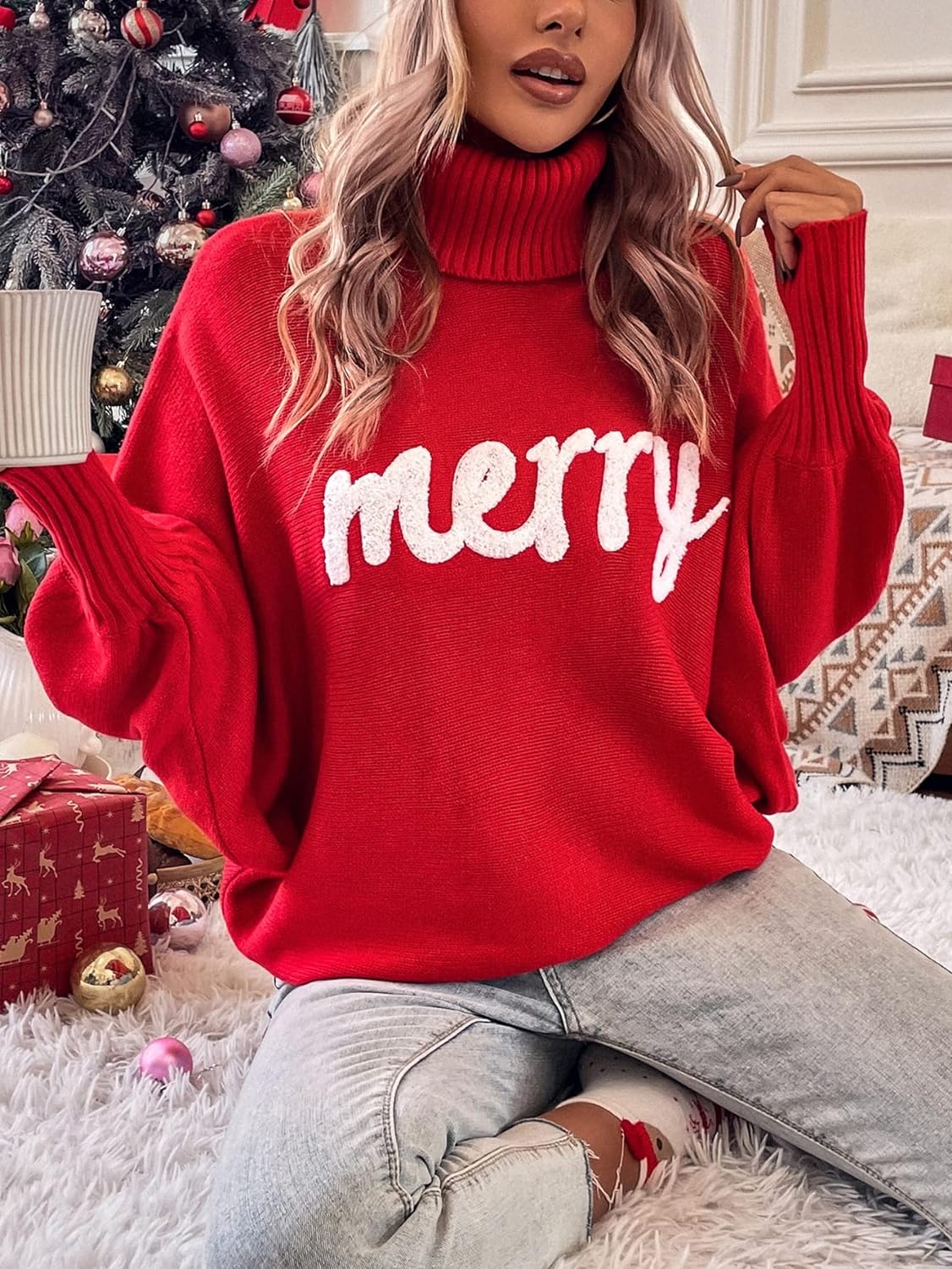 Jeans for Women Letter Pattern Turtleneck Dolman Sleeve Sweater Jeans 