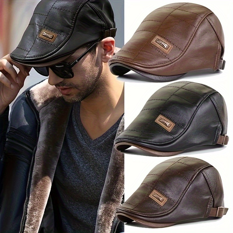 1pc Leather Beret Hat, Retro Newsboy Warm Cap Duckbill Visor Flat Cap For Men