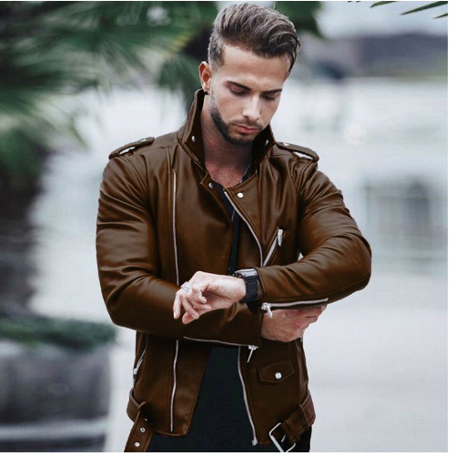 Vyriškas odinis paltas plius dydžio madinga plona odinė striukė