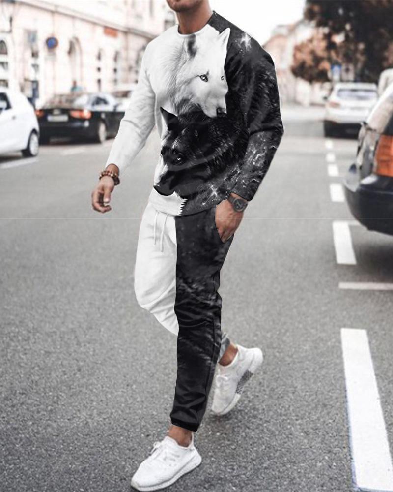 [Dviejų dalių rinkinys] 2024 m. rudens žiemos vyrų 3D skaitmeninis spausdinimas laisvas ilgomis rankovėmis megztinis su apvaliu kaklu + sportiniai kelnės [kostiumas]