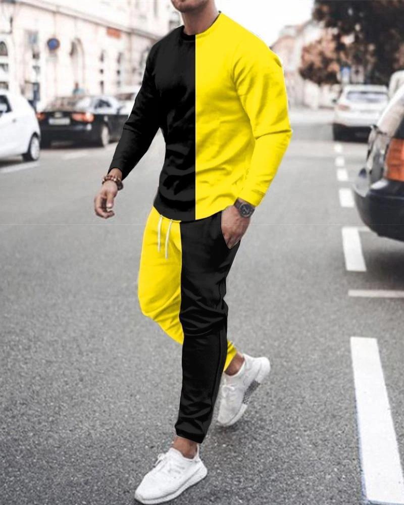 [Dviejų dalių rinkinys] 2024 m. rudens žiemos vyrų 3D skaitmeninis spausdinimas laisvas ilgomis rankovėmis megztinis su apvaliu kaklu + sportiniai kelnės [kostiumas]