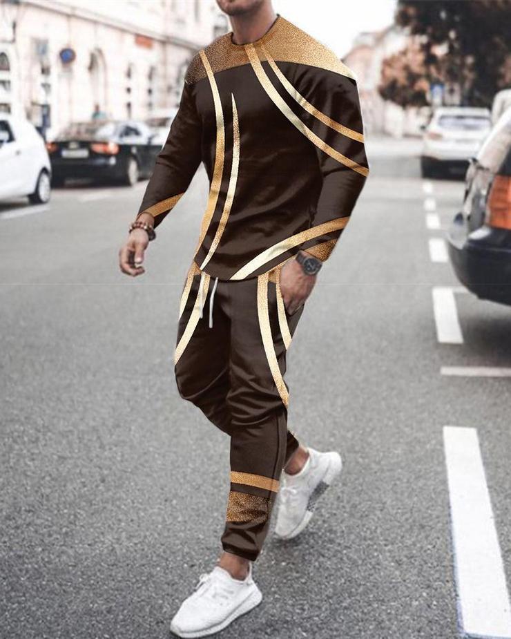 [Dviejų dalių rinkinys] 2024 m. rudens žiemos vyrų 3D skaitmeninis spausdinimas laisvas ilgomis rankovėmis megztinis su apvaliu kaklu + sportiniai kelnės [kostiumas]