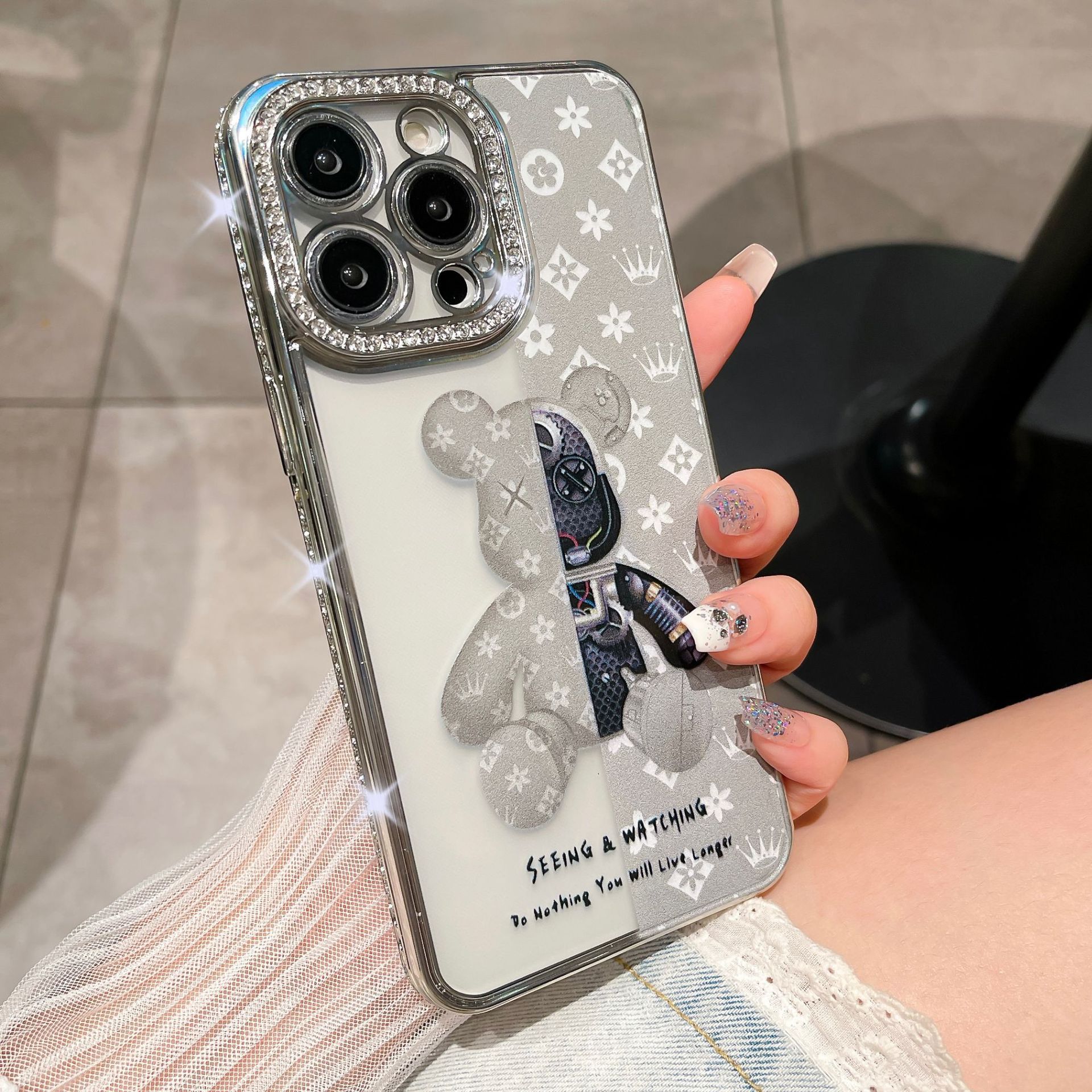 🌈📱Elektroniškai dažyti meškos kristalai 🌈Viskas įskaičiuota, dažytas minkštas apsauginis iPhone dėklas💍Viskas įskaičiuota briaunos yra atsparesnės kritimui👉