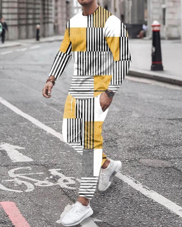 [Dviejų dalių rinkinys] 2024 m. rudens žiemos vyrų 3D skaitmeninis spausdinimas laisvas ilgomis rankovėmis megztinis su apvaliu kaklu + sportiniai kelnės [kostiumas]