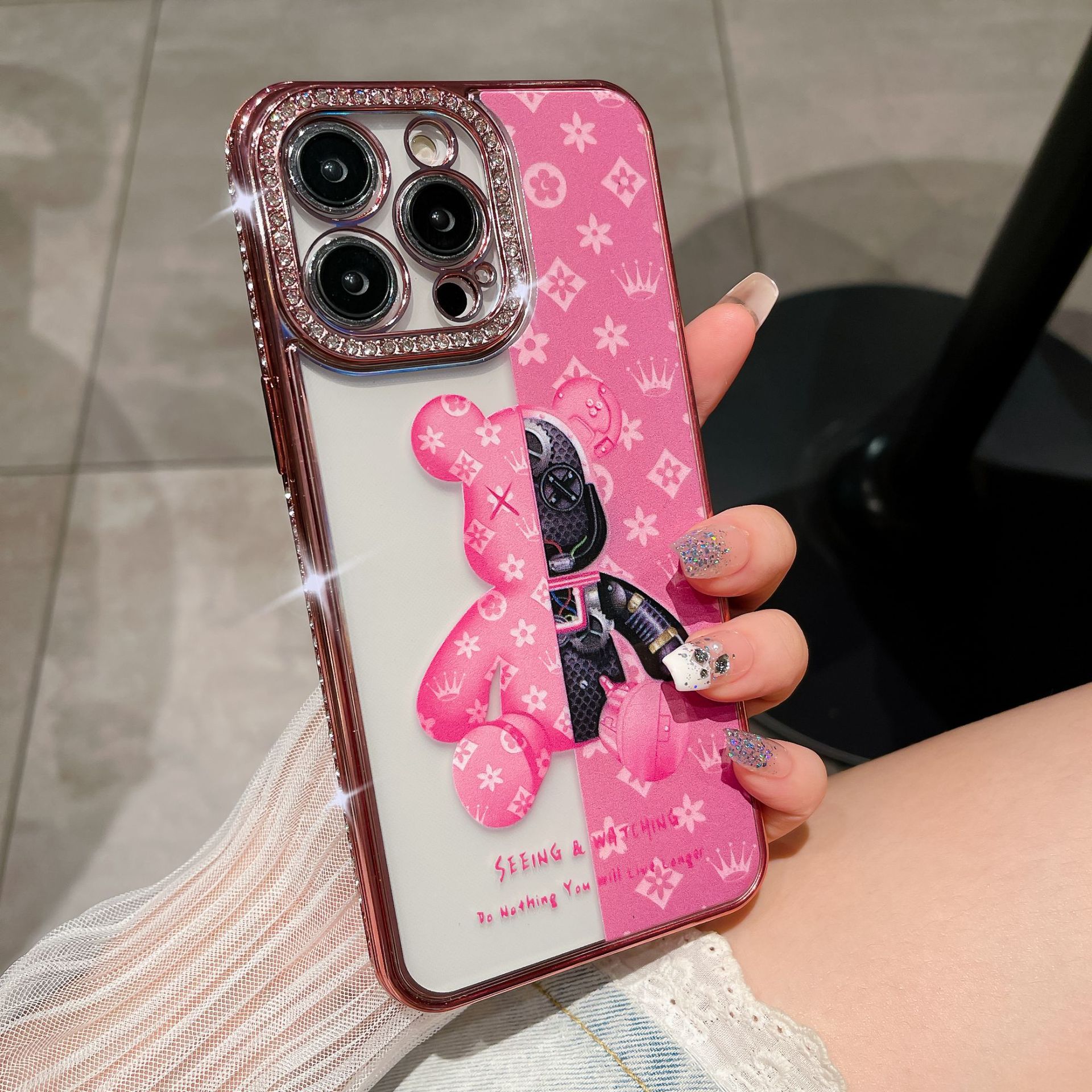 🌈📱Elektroniškai dažyti meškos kristalai 🌈Viskas įskaičiuota, dažytas minkštas apsauginis iPhone dėklas💍Viskas įskaičiuota briaunos yra atsparesnės kritimui👉