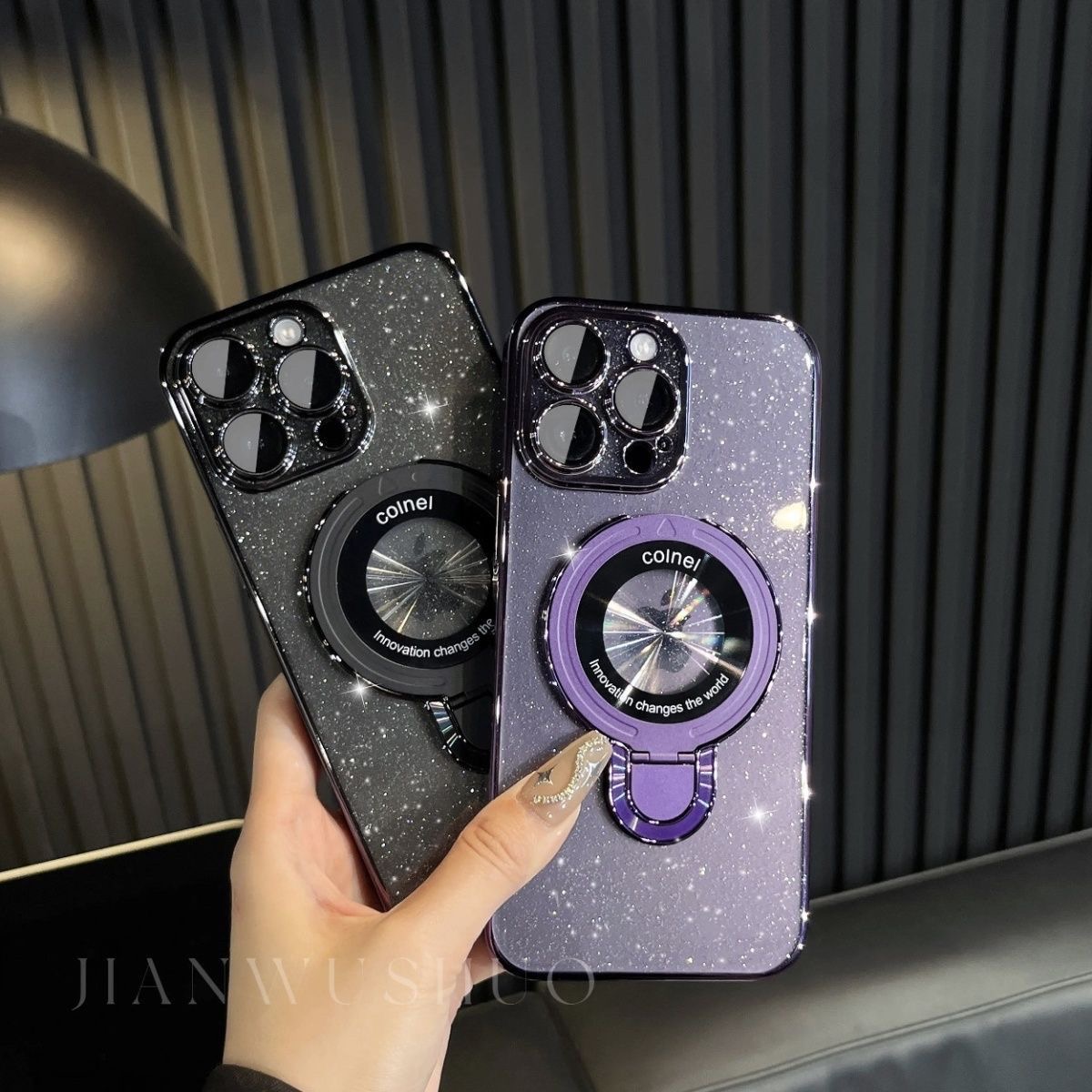 🌈📱Pudriai blizgantis U formos mobiliojo telefono dėklas 🌈Tinka iPhone magnetiniam apsauginiam dangteliui💍👉