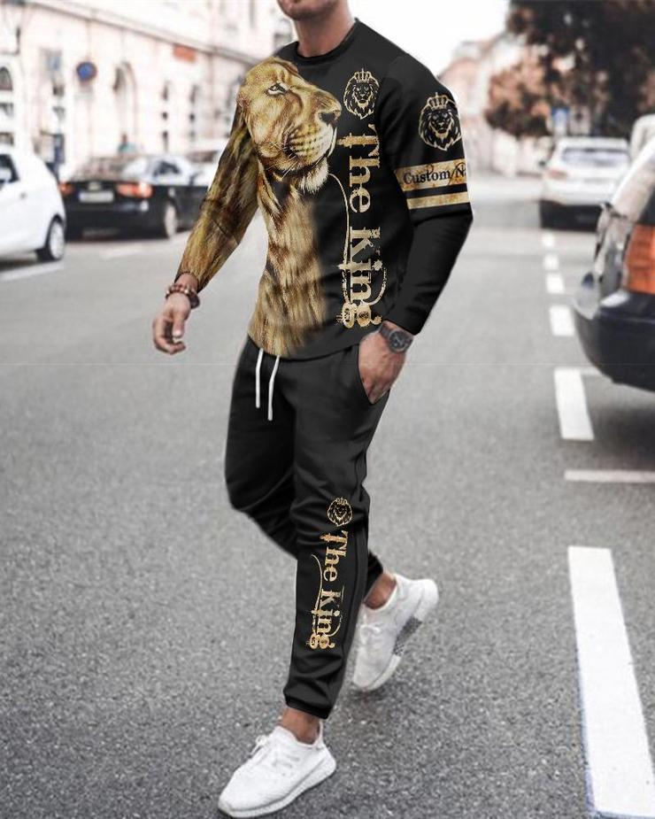 [Dviejų dalių rinkinys] 2024 m. rudens žiemos vyrų 3D skaitmeninis spausdinimas laisvas ilgomis rankovėmis megztinis su apvaliu kaklu + sportiniai kelnės [kostiumas]