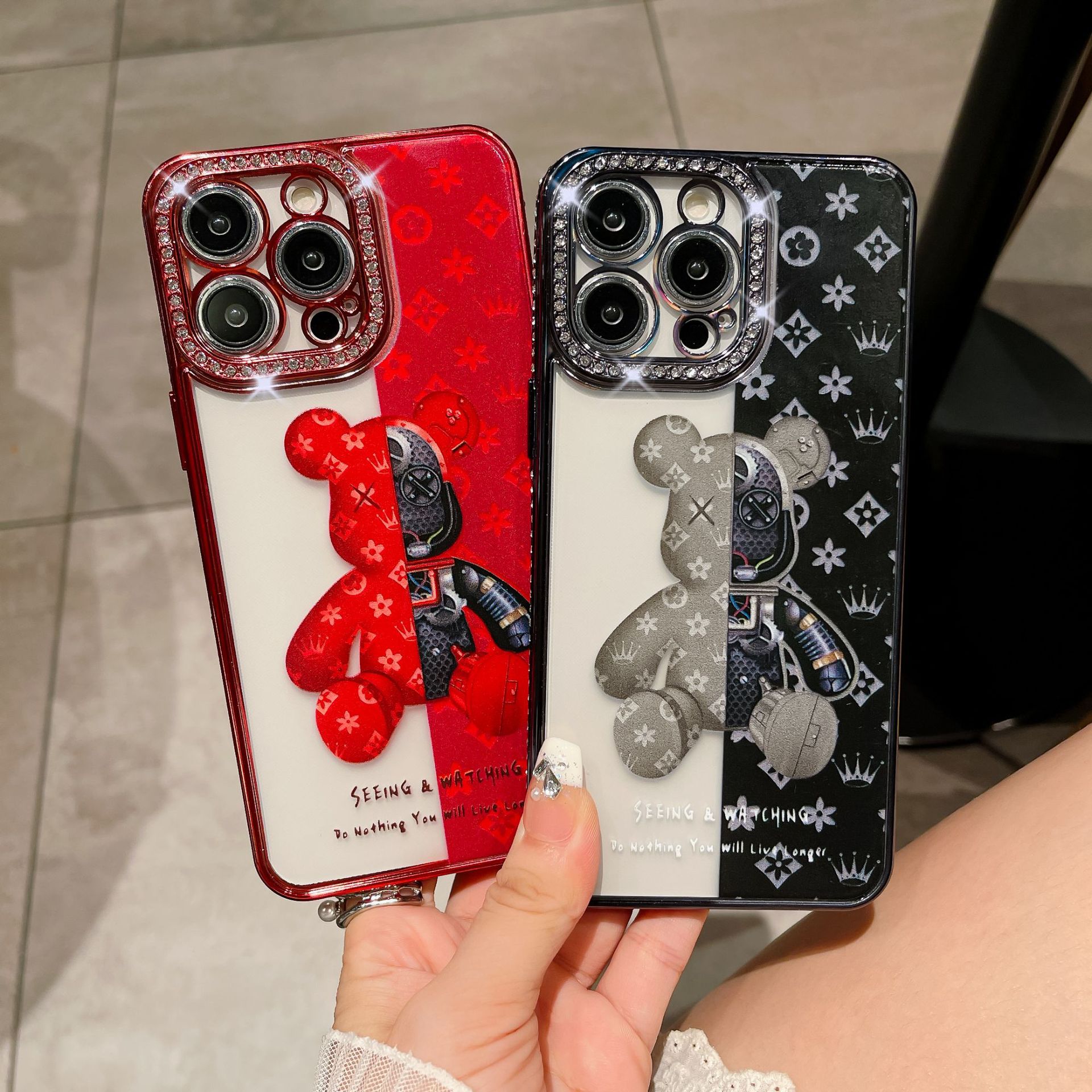 🌈📱Elektroniškai dažyti meškos kristalai 🌈Viskas įskaičiuota, dažytas minkštas apsauginis iPhone dėklas💍Viskas įskaičiuota briaunos yra atsparesnės kritimui👉