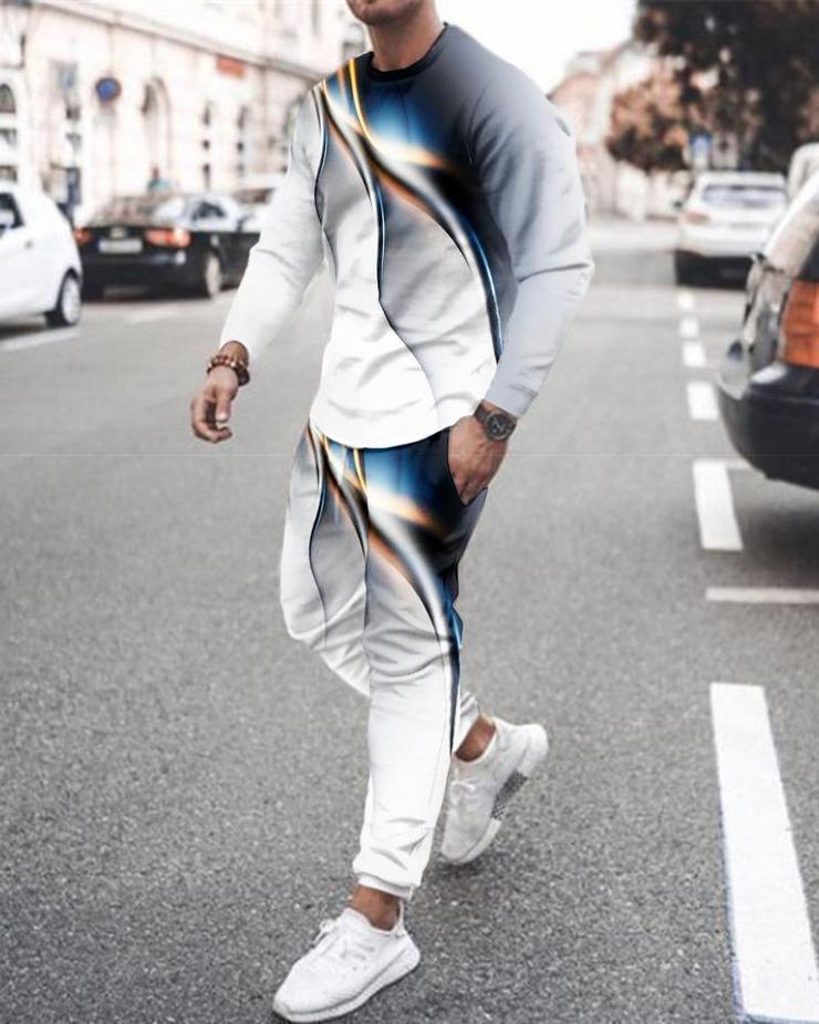 [Dviejų dalių rinkinys] 2024 m. rudens žiemos vyrų 3D skaitmeninis spausdinimas laisvas ilgomis rankovėmis megztinis su apvaliu kaklu + sportiniai kelnės [kostiumas]