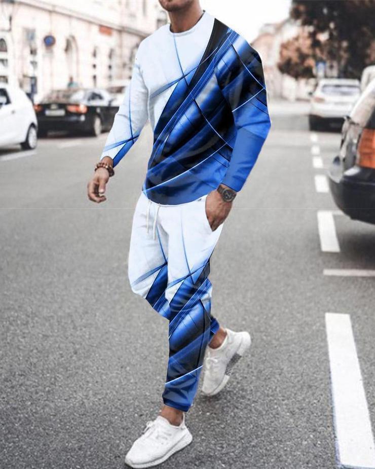 [Dviejų dalių rinkinys] 2024 m. rudens žiemos vyrų 3D skaitmeninis spausdinimas laisvas ilgomis rankovėmis megztinis su apvaliu kaklu + sportiniai kelnės [kostiumas]