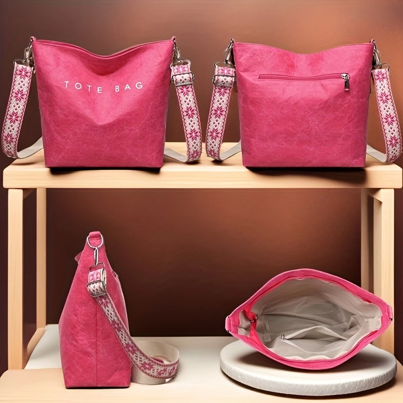 女士时尚纯色托特包大容量购物包波西米亚风宽织肩带潮流出行单肩包日常通勤斜挎包旅行包钱包手机包平板包 礼品包 详情 8