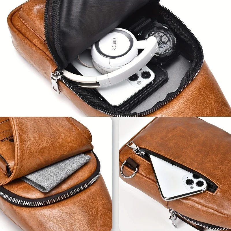 1 件男士新款 pu 皮革复古休闲简约胸包，斜挎大容量多隔层高级男款斜挎包，适合外出携带。 详情 5