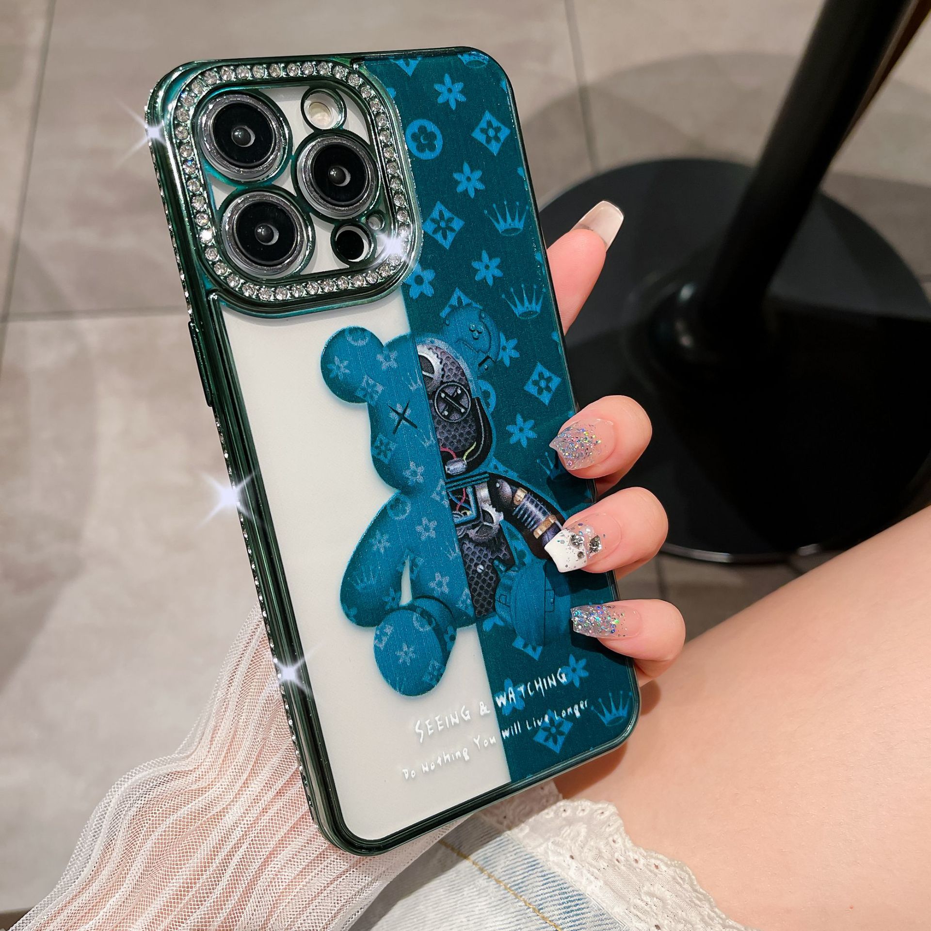 🌈📱Elektroniškai dažyti meškos kristalai 🌈Viskas įskaičiuota, dažytas minkštas apsauginis iPhone dėklas💍Viskas įskaičiuota briaunos yra atsparesnės kritimui👉