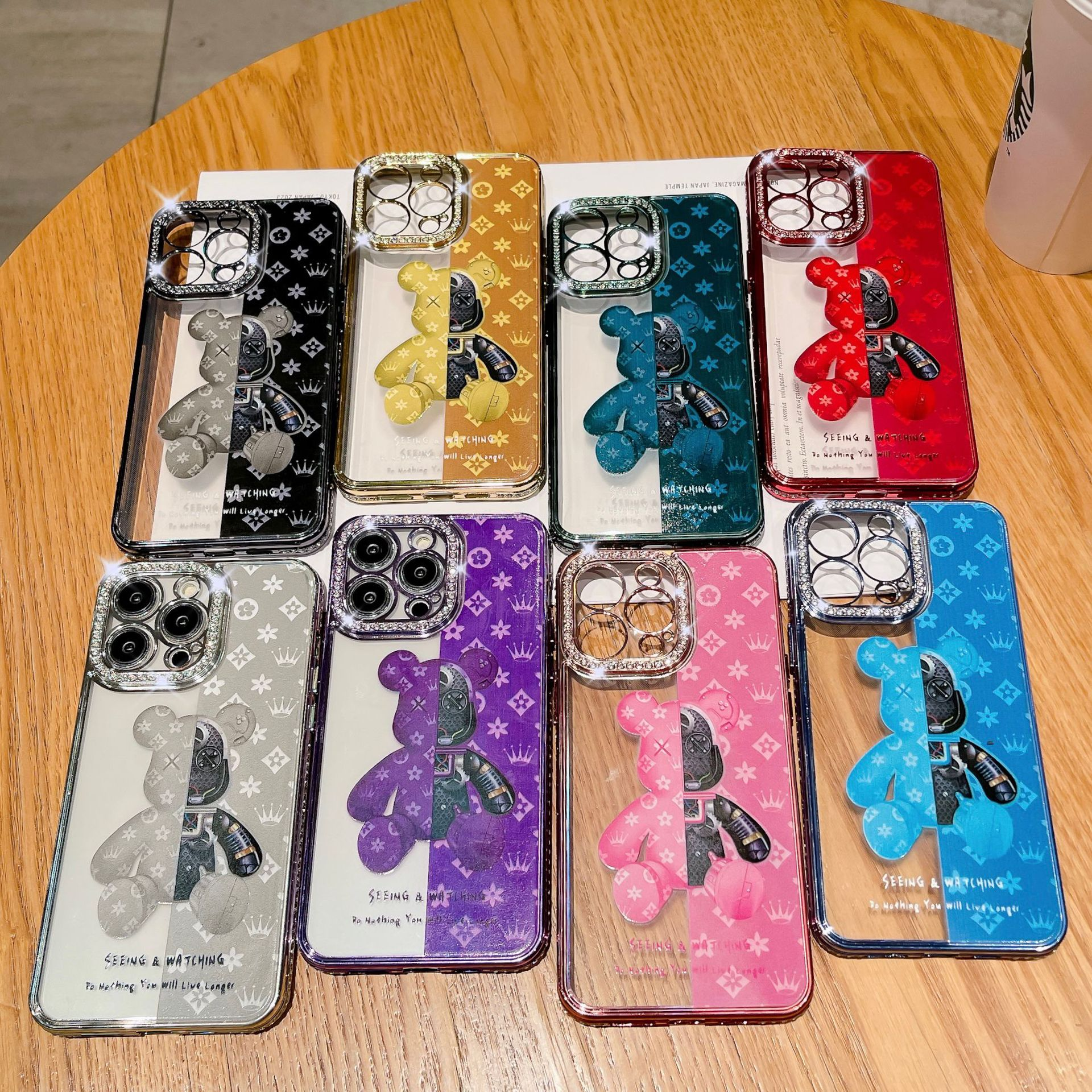 🌈📱Elektroniškai dažyti meškos kristalai 🌈Viskas įskaičiuota, dažytas minkštas apsauginis iPhone dėklas💍Viskas įskaičiuota briaunos yra atsparesnės kritimui👉