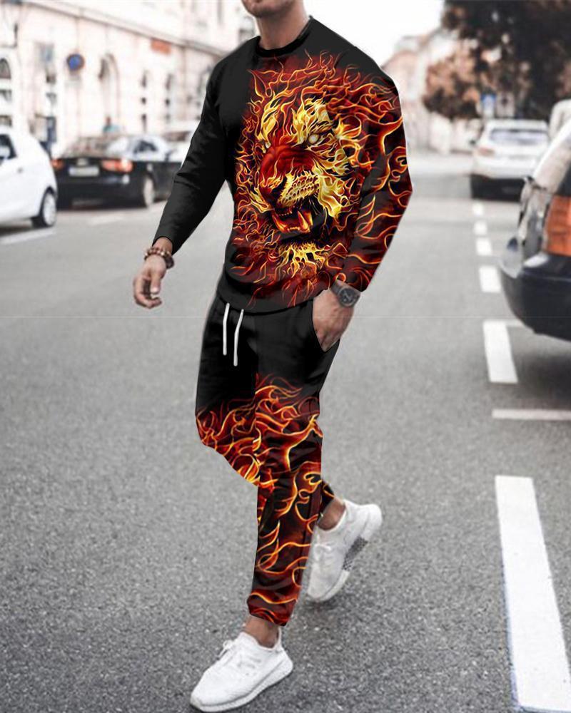 [Dviejų dalių rinkinys] 2024 m. rudens žiemos vyrų 3D skaitmeninis spausdinimas laisvas ilgomis rankovėmis megztinis su apvaliu kaklu + sportiniai kelnės [kostiumas]