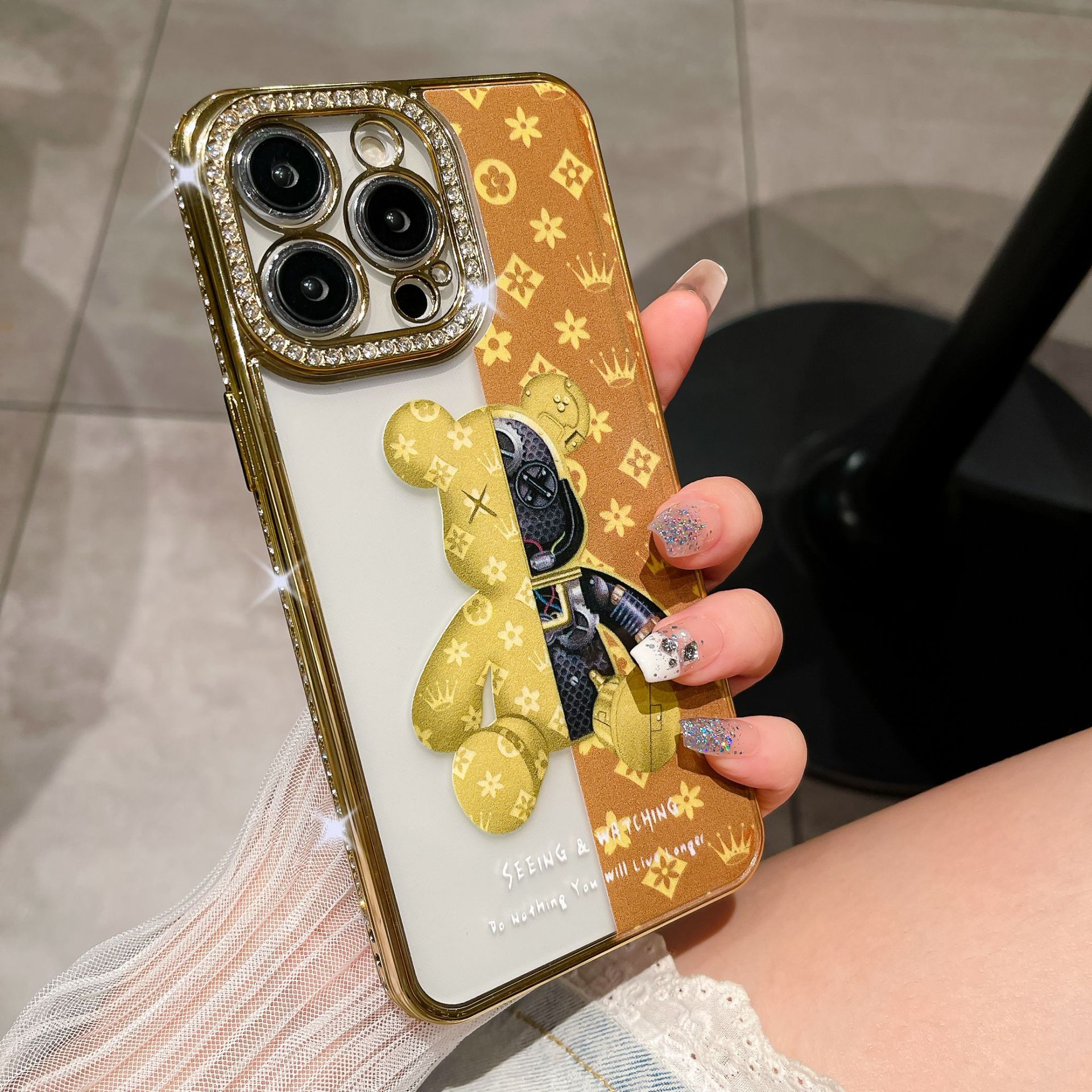 🌈📱Elektroniškai dažyti meškos kristalai 🌈Viskas įskaičiuota, dažytas minkštas apsauginis iPhone dėklas💍Viskas įskaičiuota briaunos yra atsparesnės kritimui👉