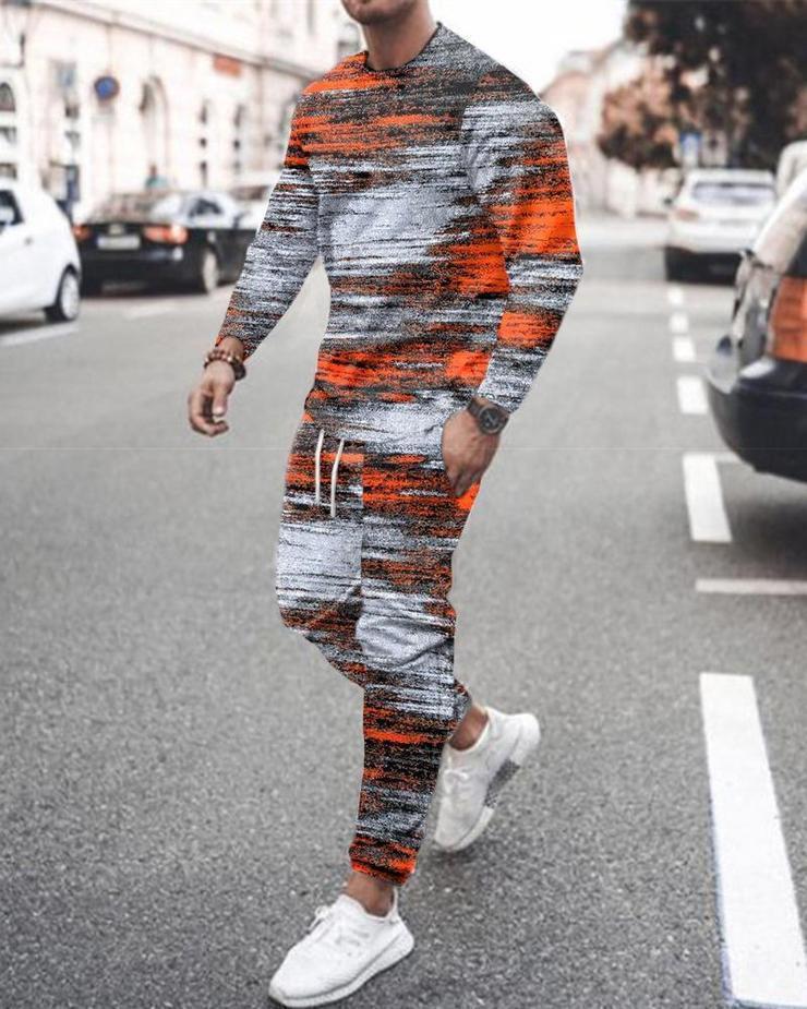 [Dviejų dalių rinkinys] 2024 m. rudens žiemos vyrų 3D skaitmeninis spausdinimas laisvas ilgomis rankovėmis megztinis su apvaliu kaklu + sportiniai kelnės [kostiumas]
