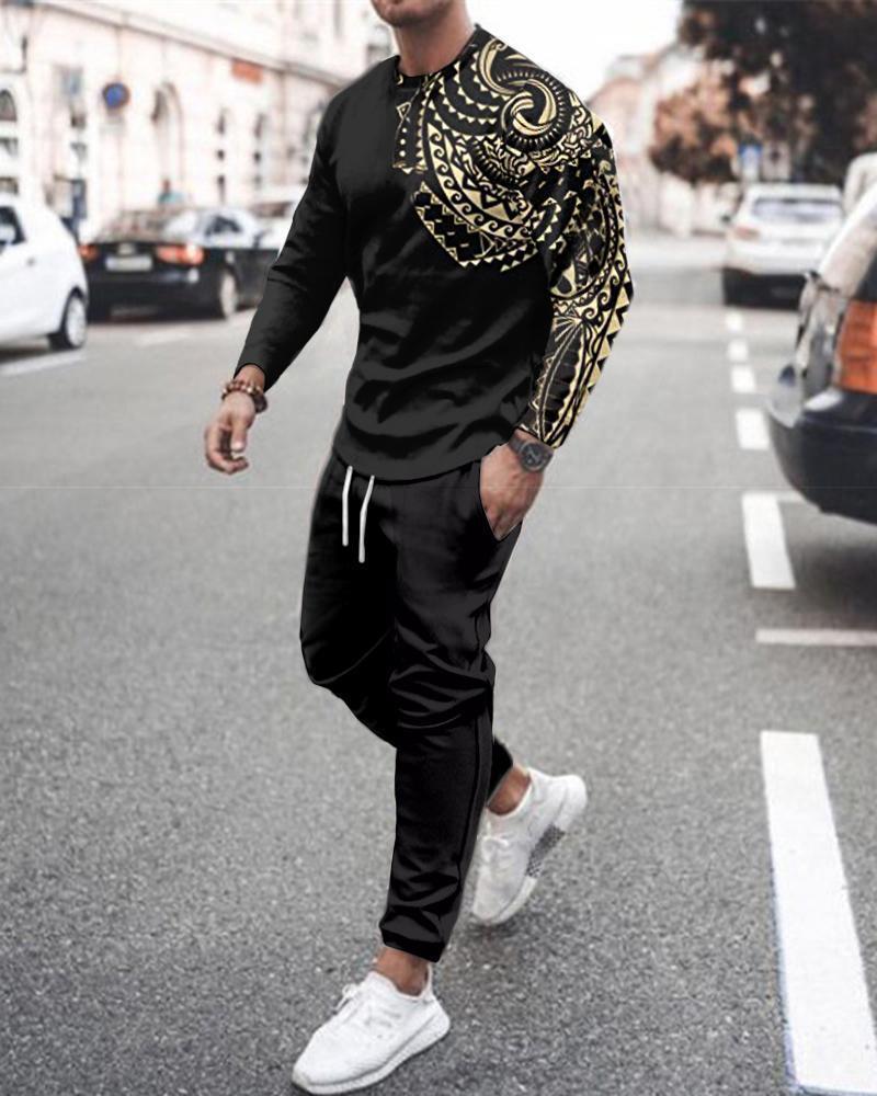 [Dviejų dalių rinkinys] 2024 m. rudens žiemos vyrų 3D skaitmeninis spausdinimas laisvas ilgomis rankovėmis megztinis su apvaliu kaklu + sportiniai kelnės [kostiumas]