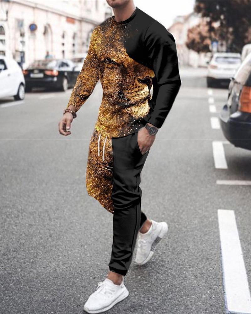 [Dviejų dalių rinkinys] 2024 m. rudens žiemos vyrų 3D skaitmeninis spausdinimas laisvas ilgomis rankovėmis megztinis su apvaliu kaklu + sportiniai kelnės [kostiumas]