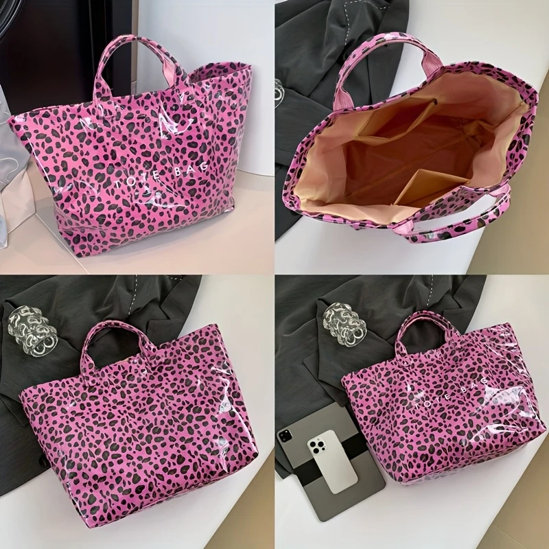  女式豹纹大号手提包 - 耐用合成材料，可调节肩带和闭合，宽敞休闲单肩包适合日常使用、海滩、购物（多种颜色）、沙滩包必备品|大胆图案手提包 |可调式肩带包、旅行包、  详情 4