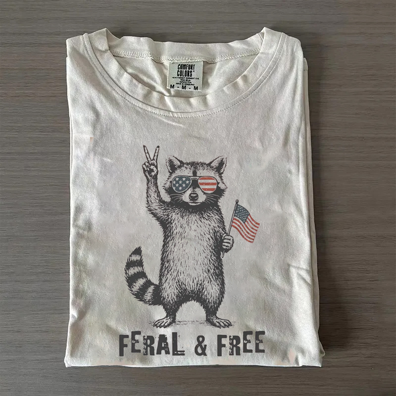 Funny 4th of July Feral & Free Raccoon T-shirt