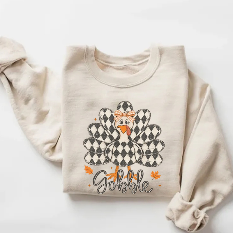 Preppy Gobble Turkey Checkered Sweatshirt