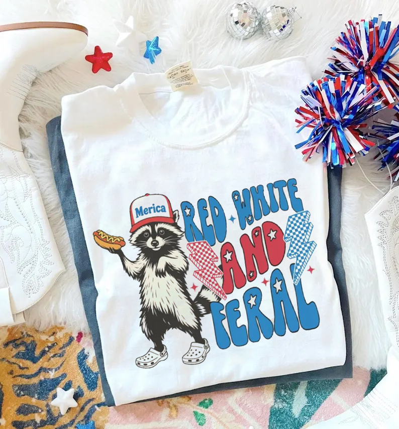 Red White and Feral Raccoon T-shirt