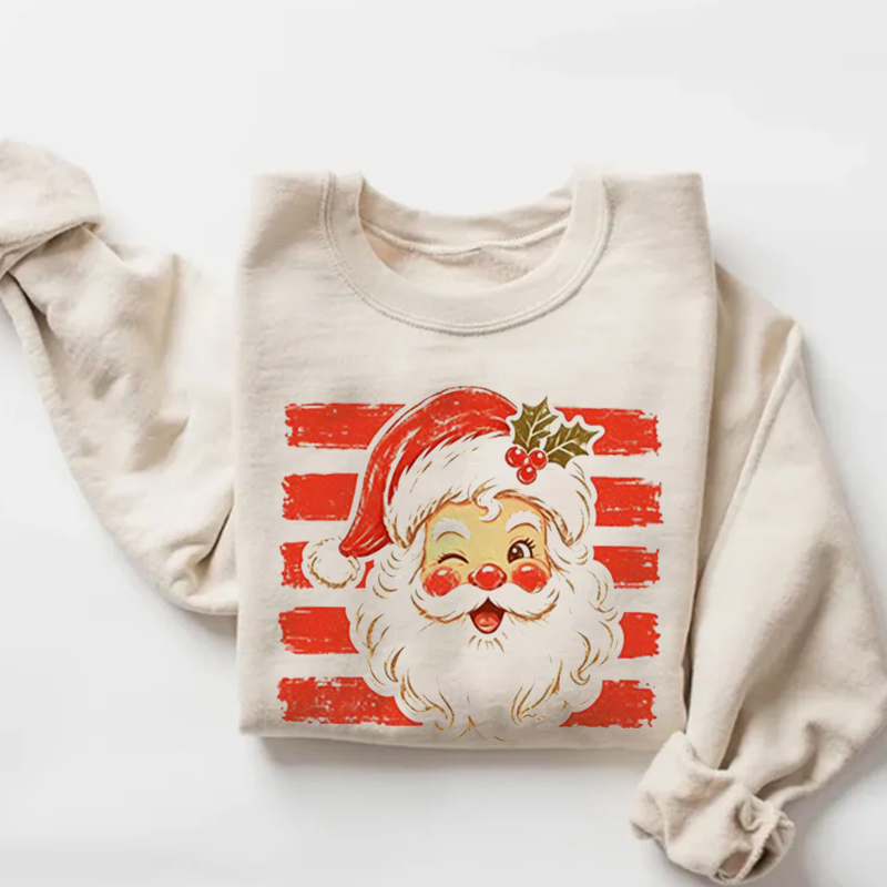 Vintage Winking Santa Holly Red Stripes Sweatshirt
