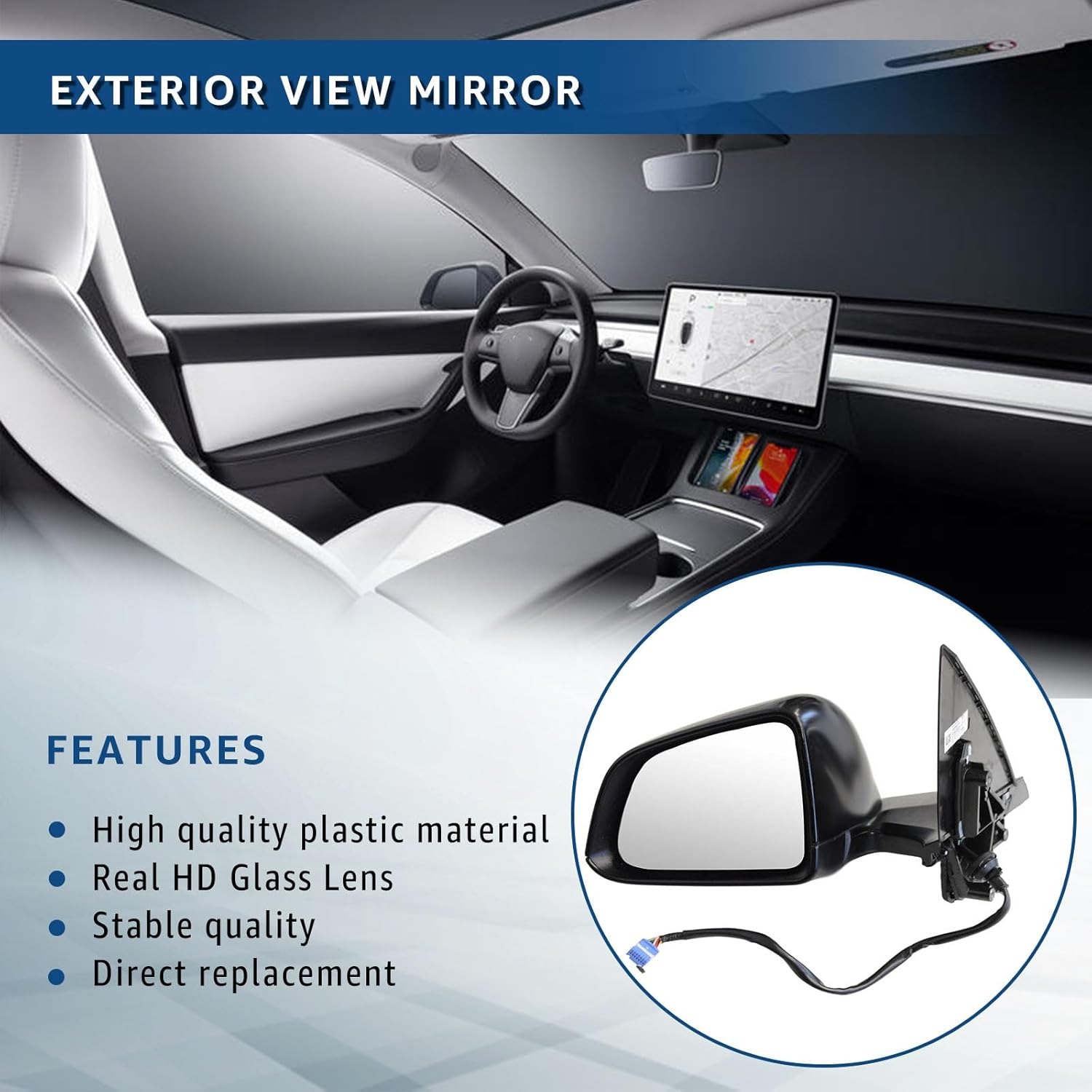 Black Right Driver Side Exterior View Mirror Compatible with Tesla Model Y 2020-2023 with Anti-Glare