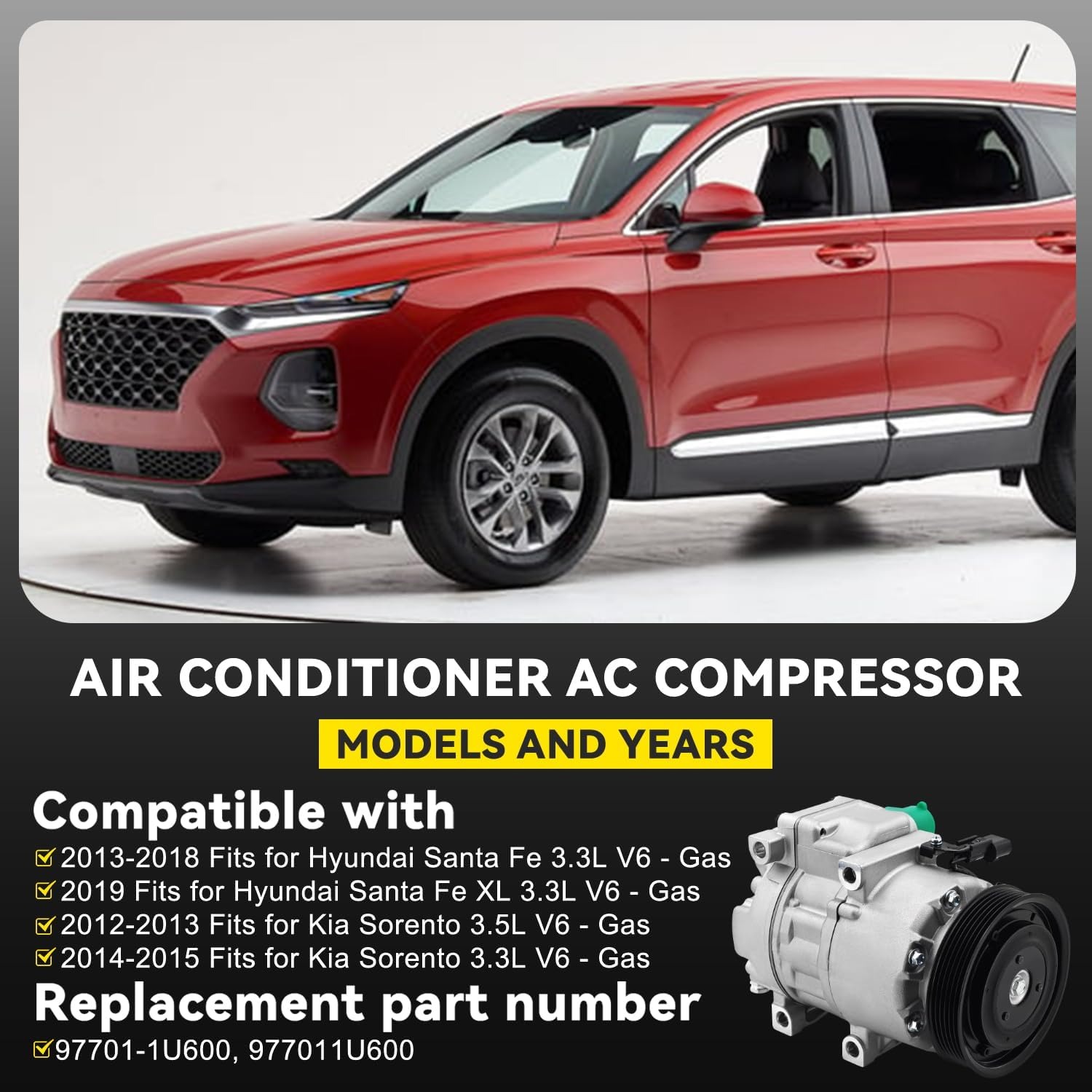 AC Compressor with Clutch Fits Hyundai  Santa Fe 2013-2018, Kia Sorento 2012-2015 #977011U650