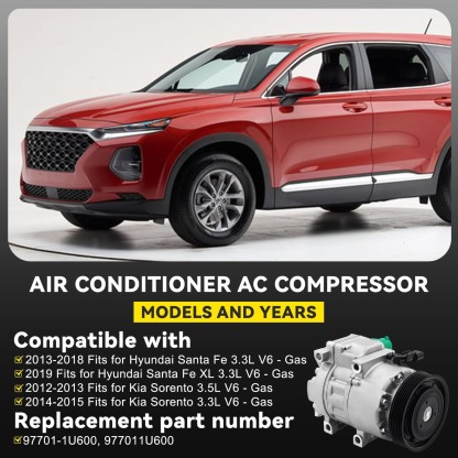 AC Compressor with Clutch Fits Hyundai  Santa Fe 2013-2018, Kia Sorento 2012-2015 #977011U650
