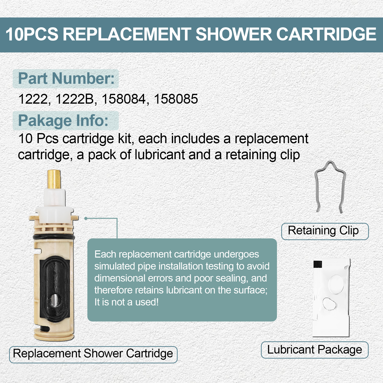 Shower Cartridge Kit 10 Pcs Replacement for Moen 1222 / 1222B, Fits PosiTemp Single Handle Faucet Valve, Replaces 158084 158085 Bathroom Faucet Cartridge, w/ Lubricant and Clips, Brass Stem