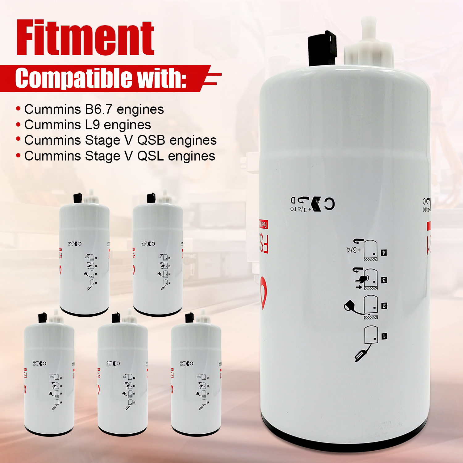 6 PCS Fuel Water Separator Cartridge FS20121 Fuel Water Separator Filter Compatible with Cummins Cummins L9, B6.7 Replaces 5444245 5528103