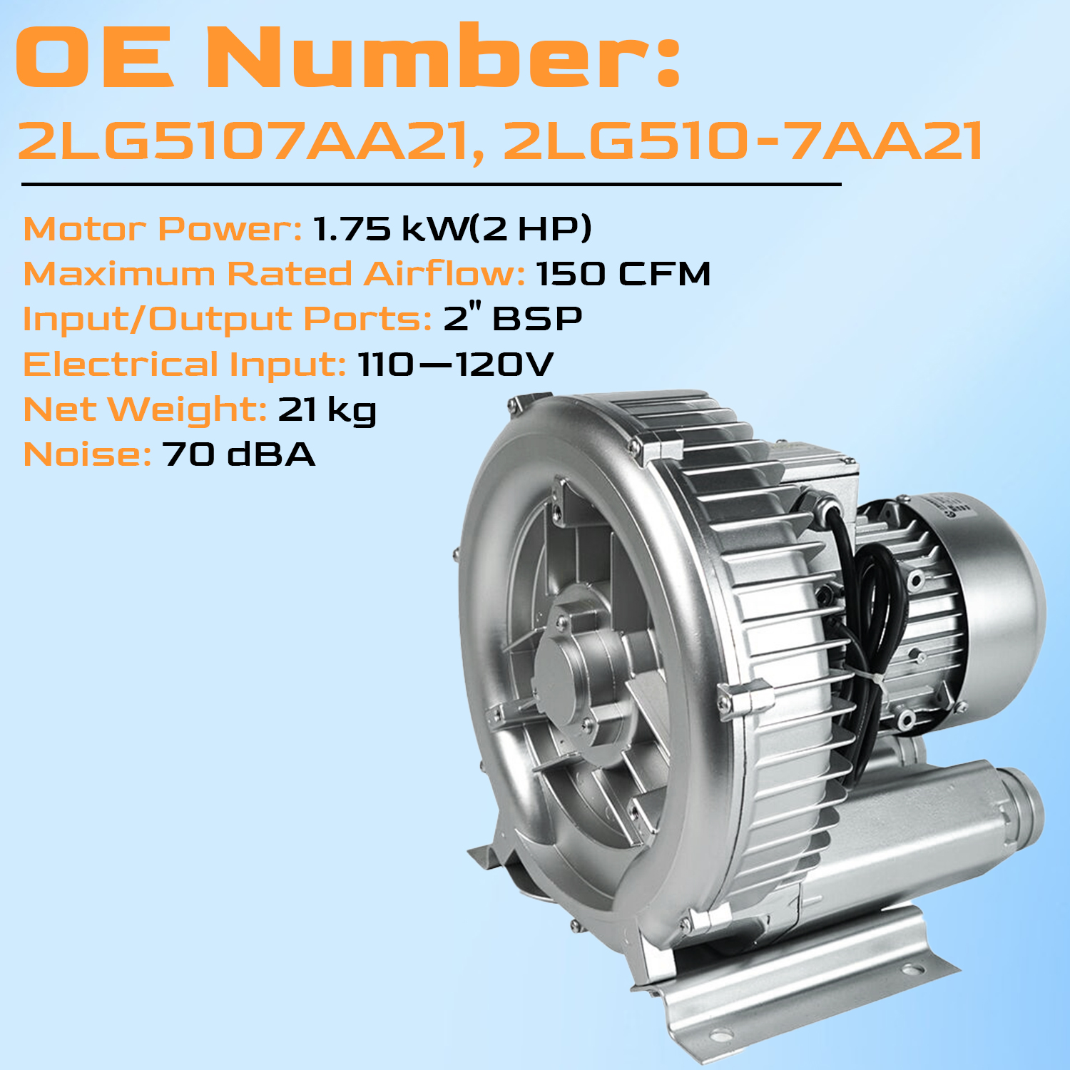 Regenerative Blower 2 HP 1.75 kW 150 CFM 2" BSP 110-120V Vacuum Pump for Air Blowing or Suction for Sewage Aeration Aquarium Fish Pond