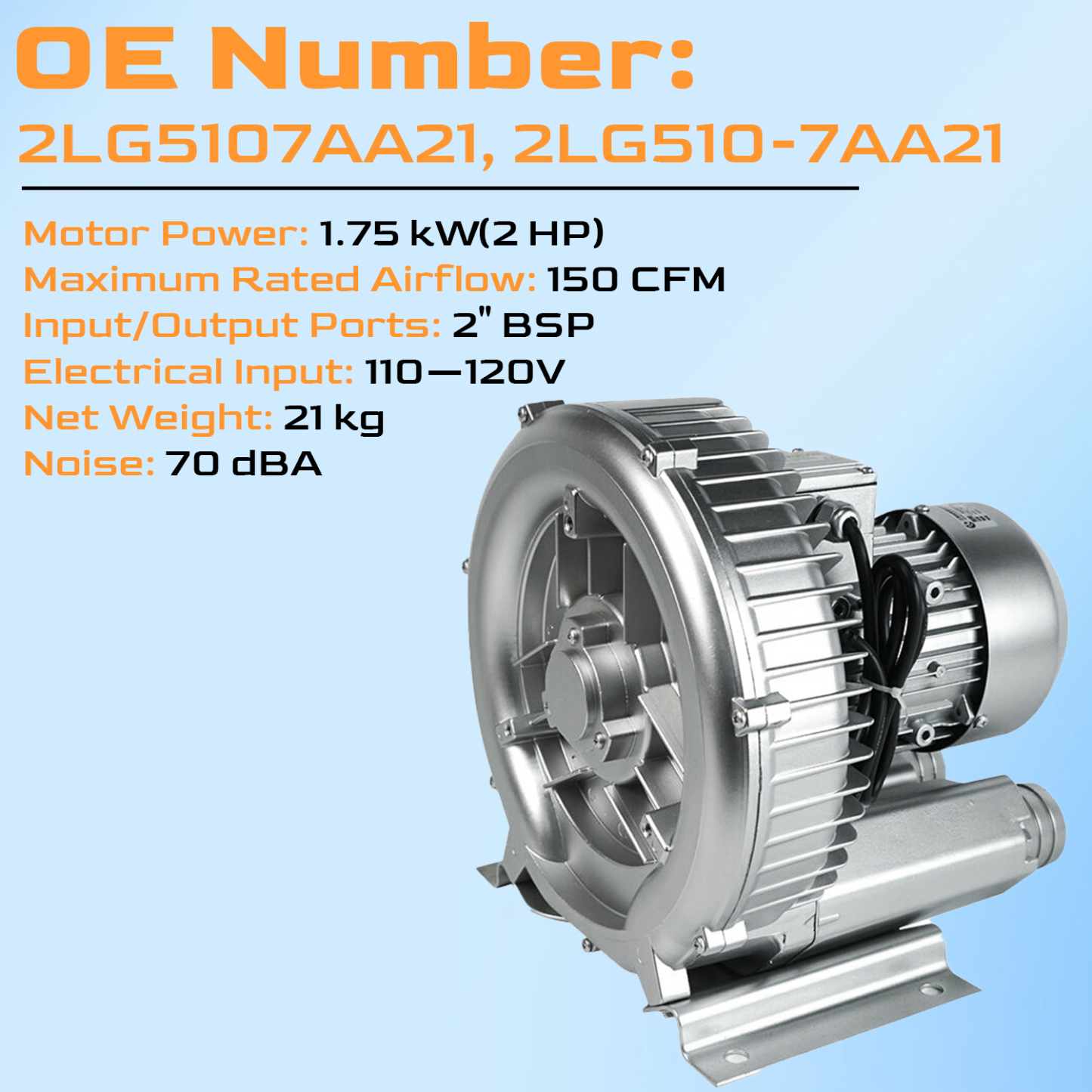 Regenerative Blower 2 HP 1.75 kW 150 CFM 2" BSP 110-120V Vacuum Pump for Air Blowing or Suction for Sewage Aeration Aquarium Fish Pond